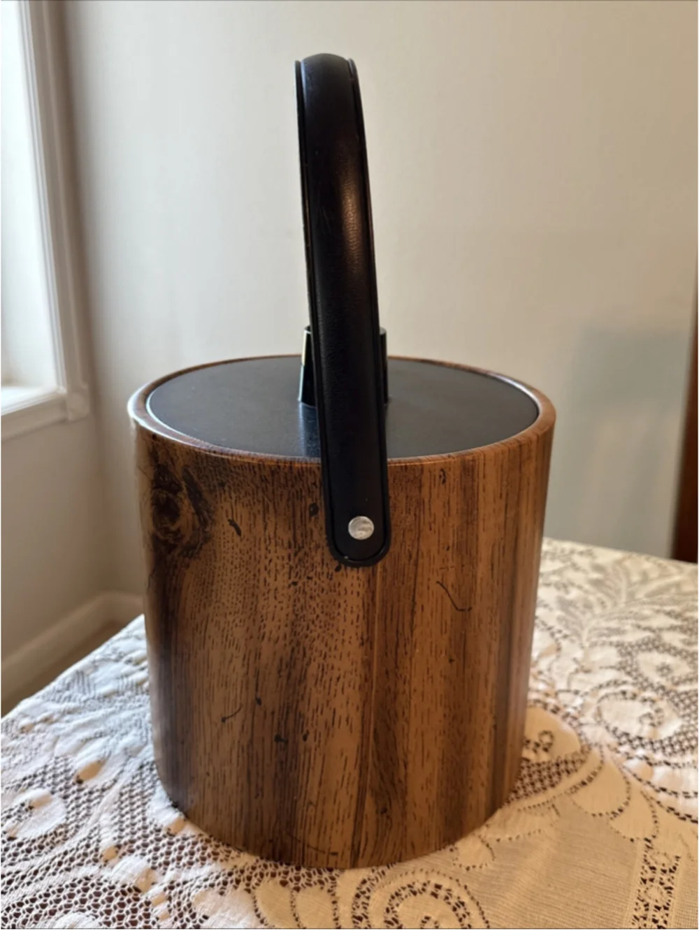 Vintage Irvinware Mid Century Modern Ice Bucket Faux Wood Grain Leather Barware